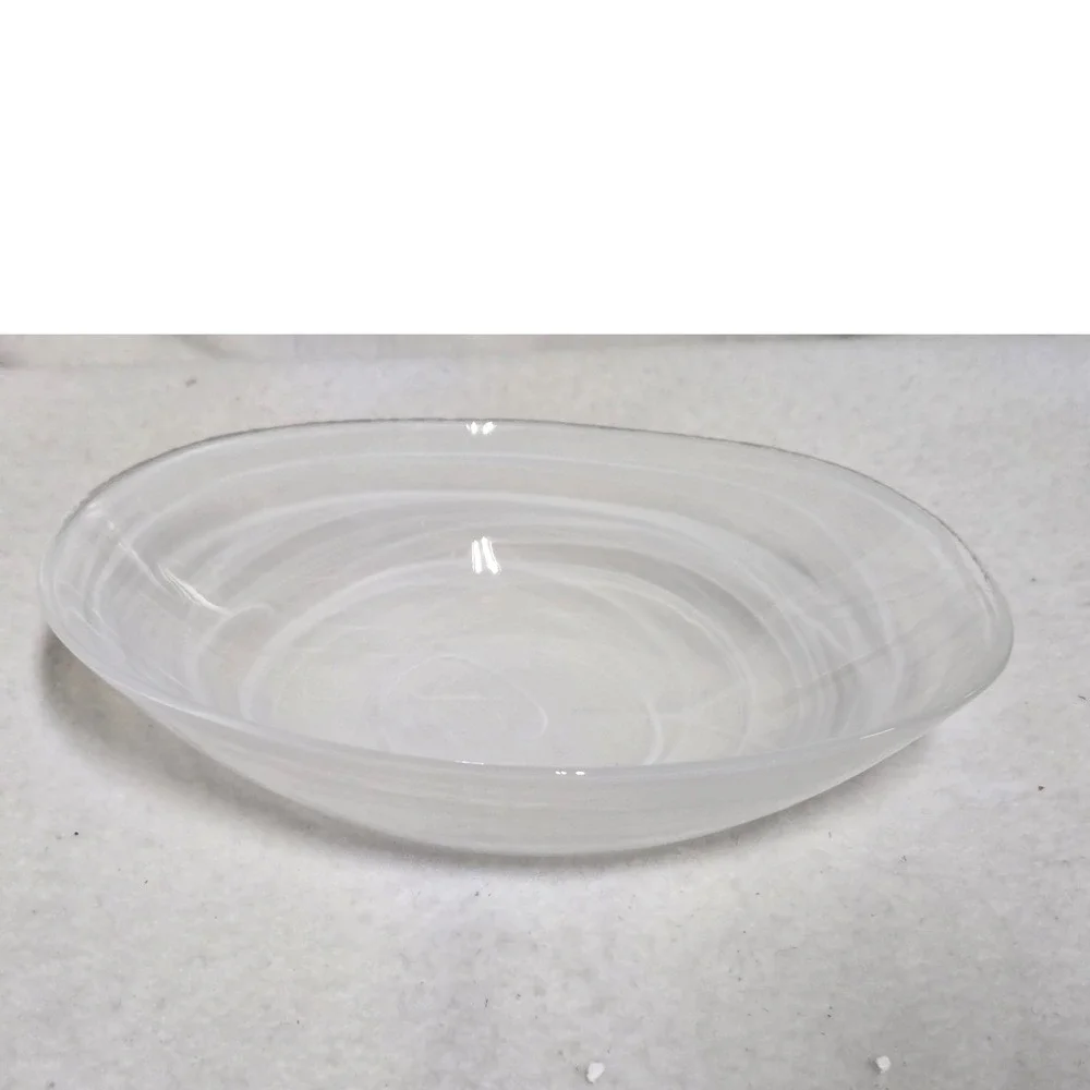 White Alabaster Swirl Art Glass Oval Serving Bowl Centerpiece 8.5 Inch